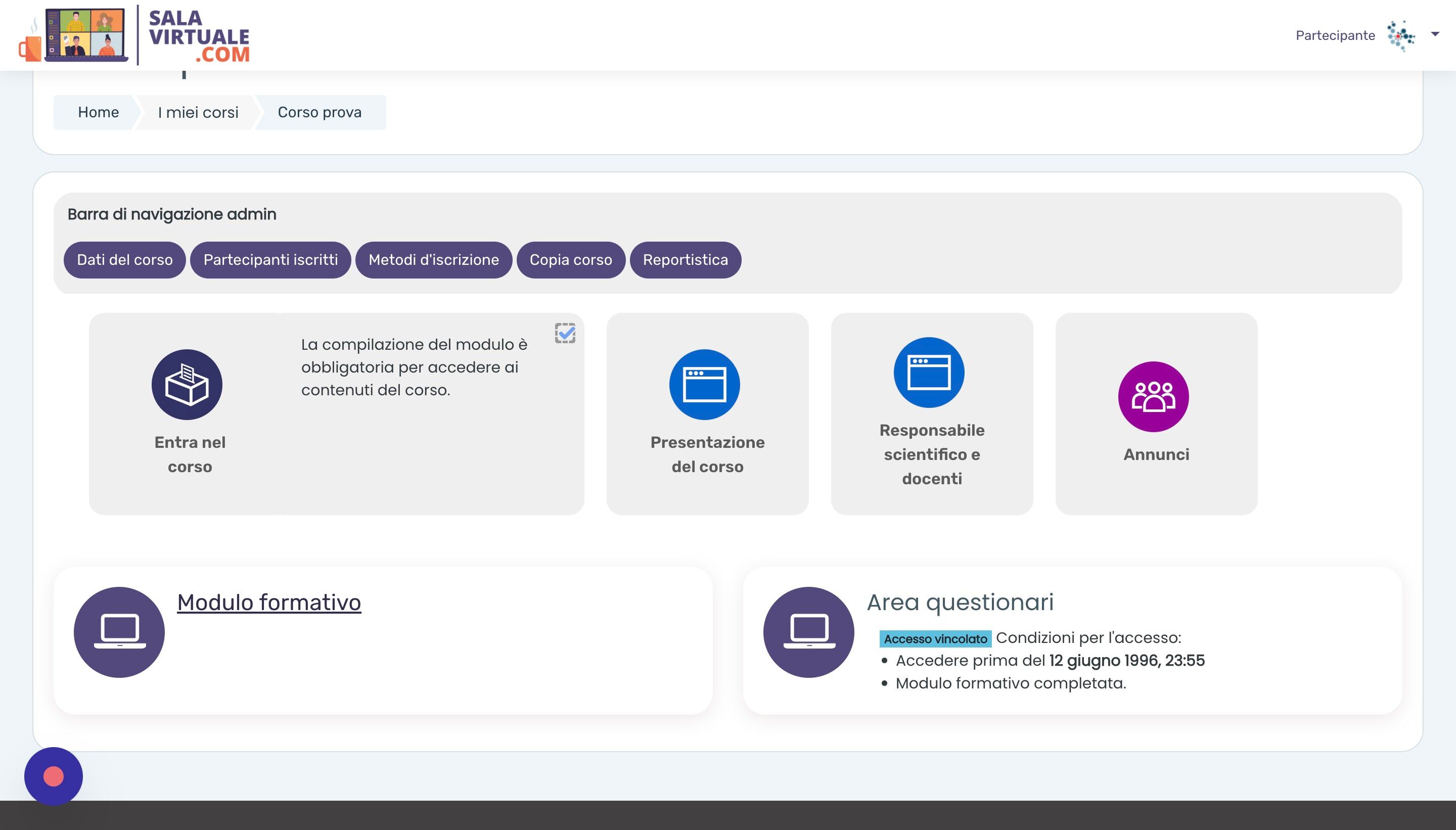 Screenshot of: Per accedere alla formazione di un corso, cliccare 