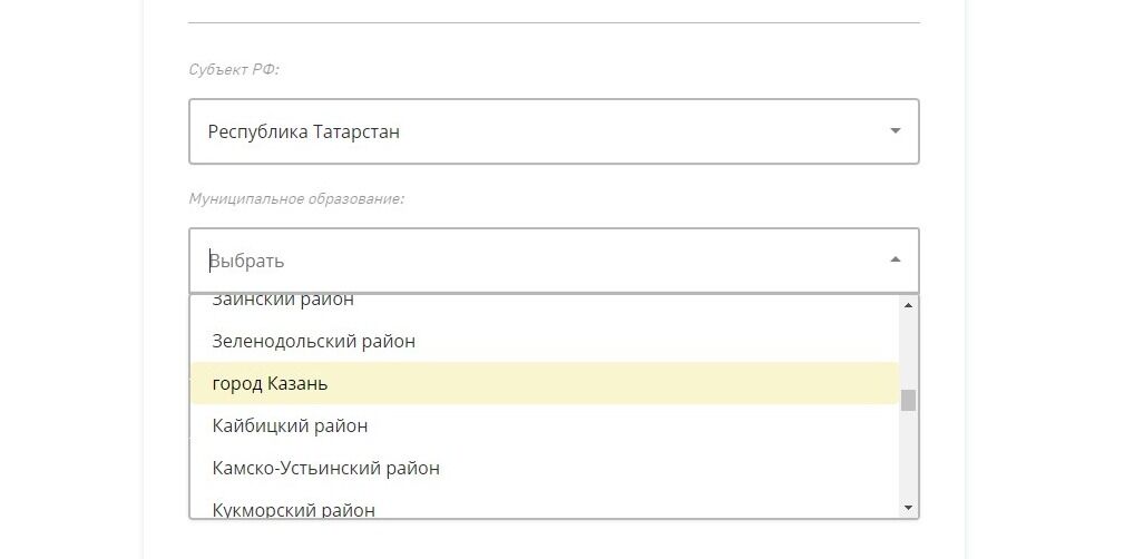 Screenshot of: Выберите муниципальное образование из списка.
