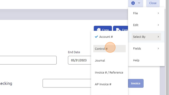 Screenshot of: Click here to search by Control Number, Journal Name, Invoice # / Reference, AP Invoice, AP Invoice Number, Customer Number, Vendor Number. 