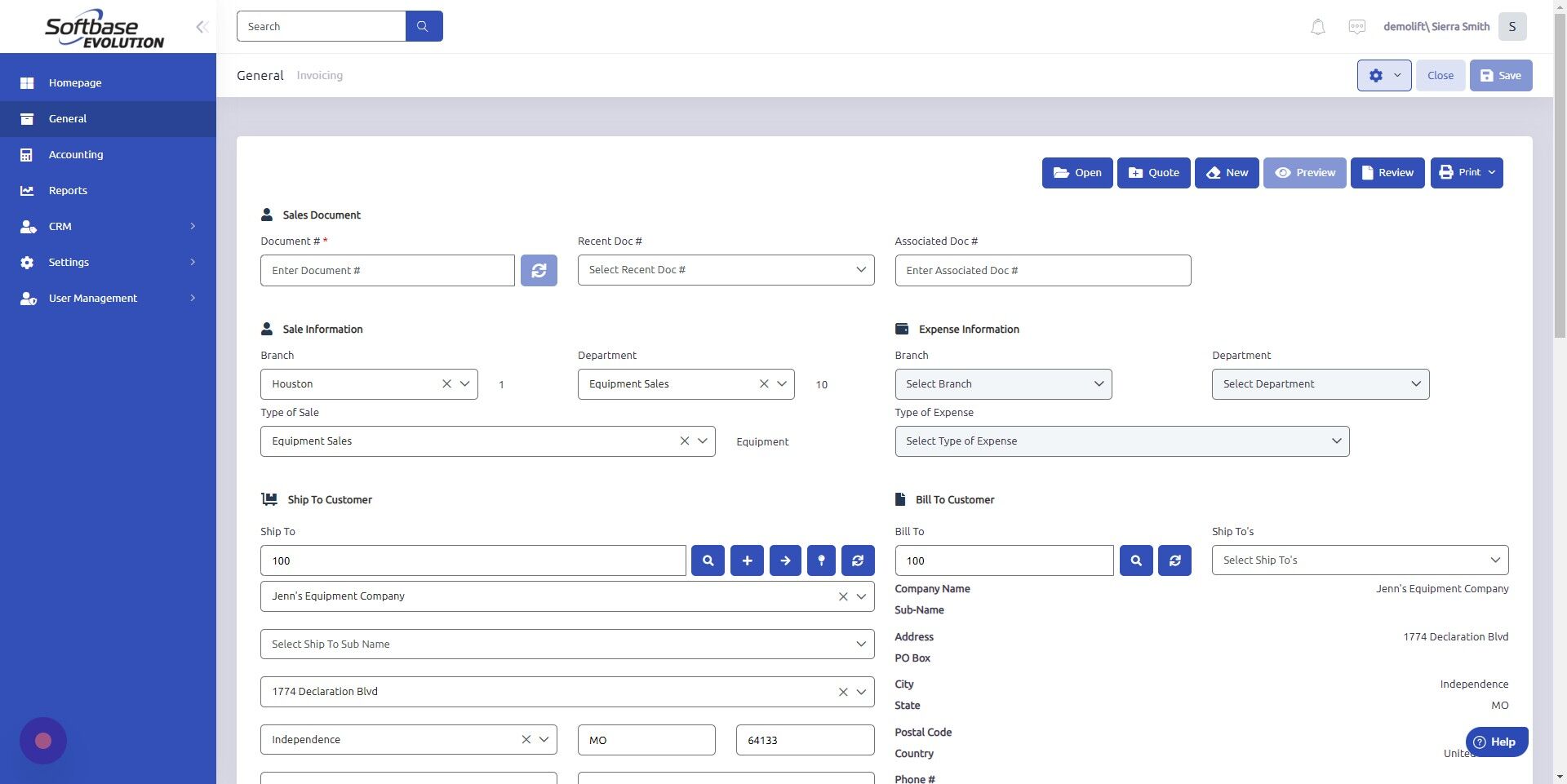 Screenshot of: Click "Open" to save invoice and assign Document Number. 