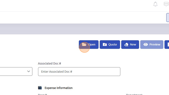 Screenshot of: Click "Open" to save invoice and assign Document Number. 