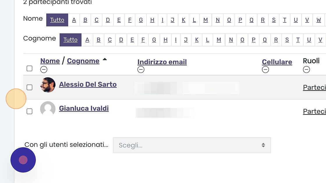 Screenshot of: Si aprirà la pagina delle iscrizioni dei partecipanti. Qui si trova in primo luogo l'elenco degli utenti già iscritti al corso, se ve ne sono.