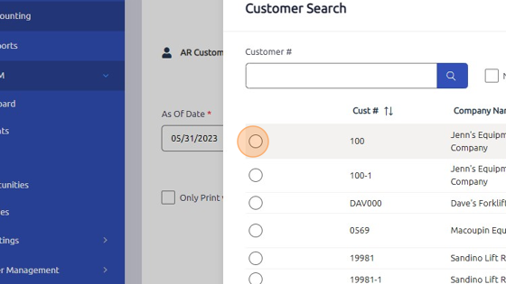 Screenshot of: Select customer.