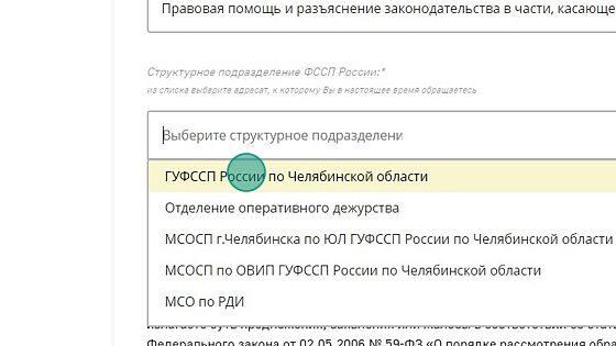 Screenshot of: Выберите структурное подразделение, например, ГУФССП России по Челябинской области.