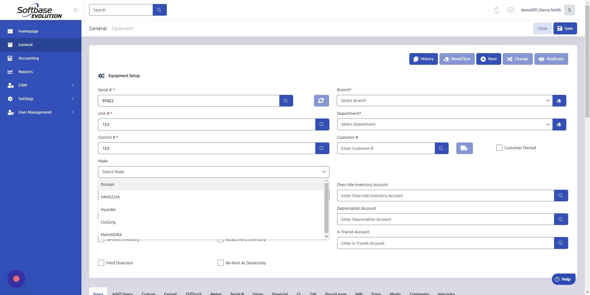 Screenshot of: Select Make of equipment.