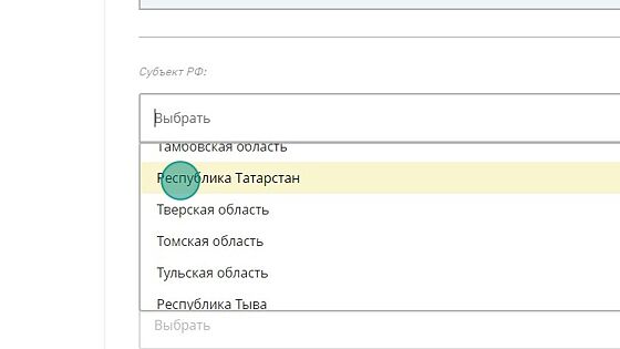 Screenshot of: Выберите из списка субъект РФ - Республика Татарстан.
