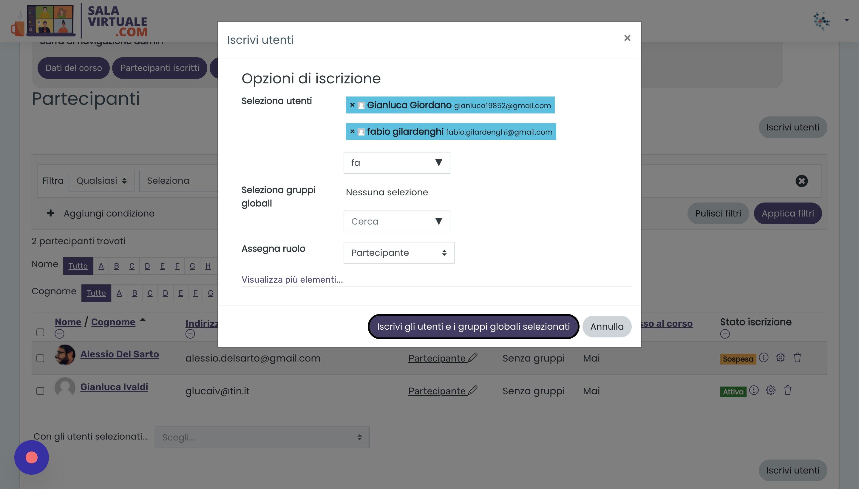 Screenshot of: Cliccare "Iscrivi gli utenti e i gruppi globali selezionati" per iscrivere gli utenti al corso.