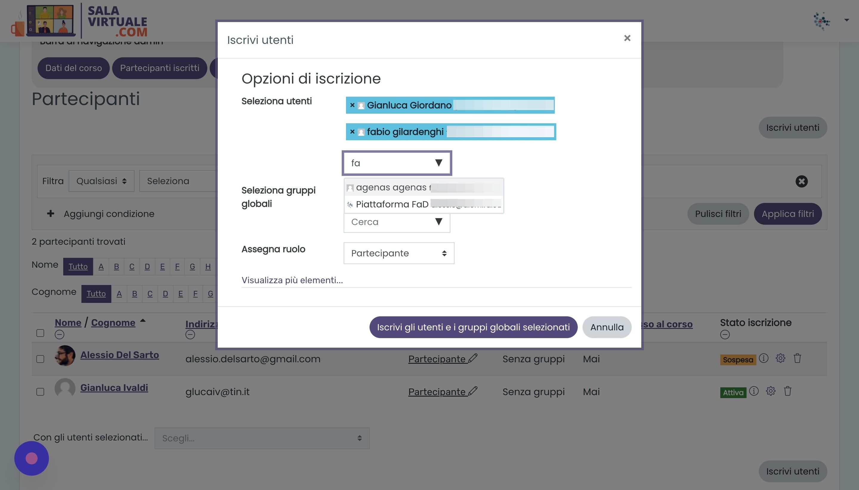 Screenshot of: Si possono scegliere anche pi&ugrave; utenti da iscrivere.