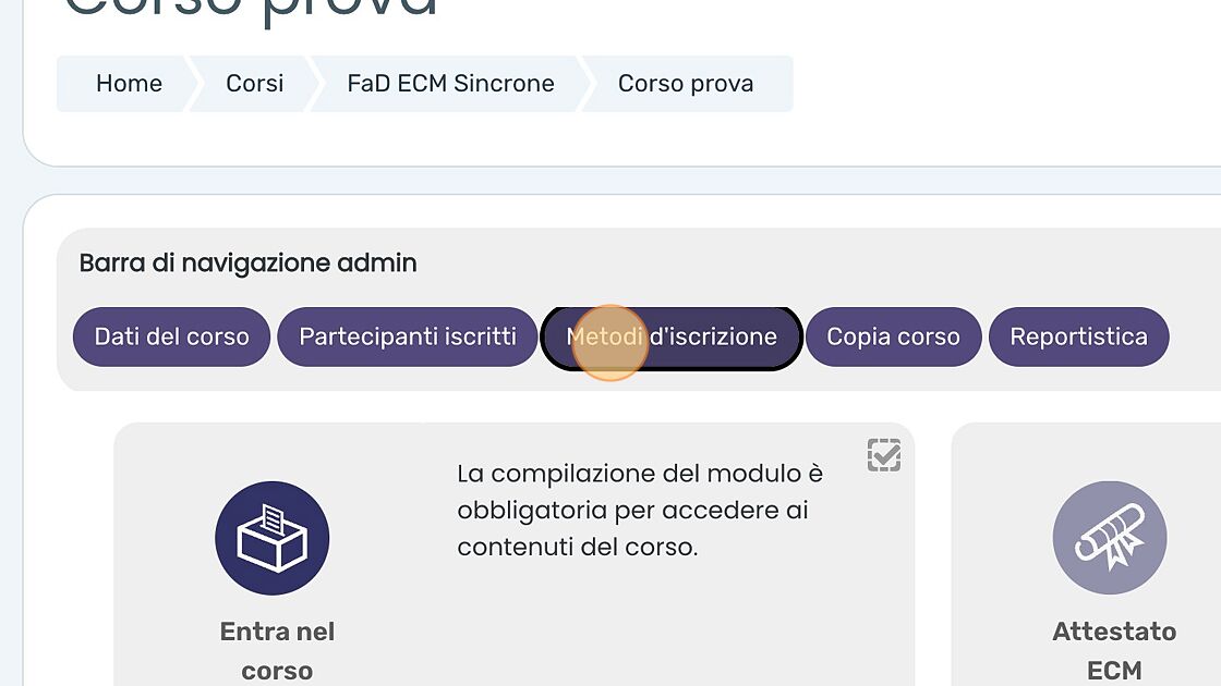Screenshot of: Per verificare e modificare le modalità d'iscrizione da parte dei partecipanti, cliccare la voce "Metodi d'iscrizione"