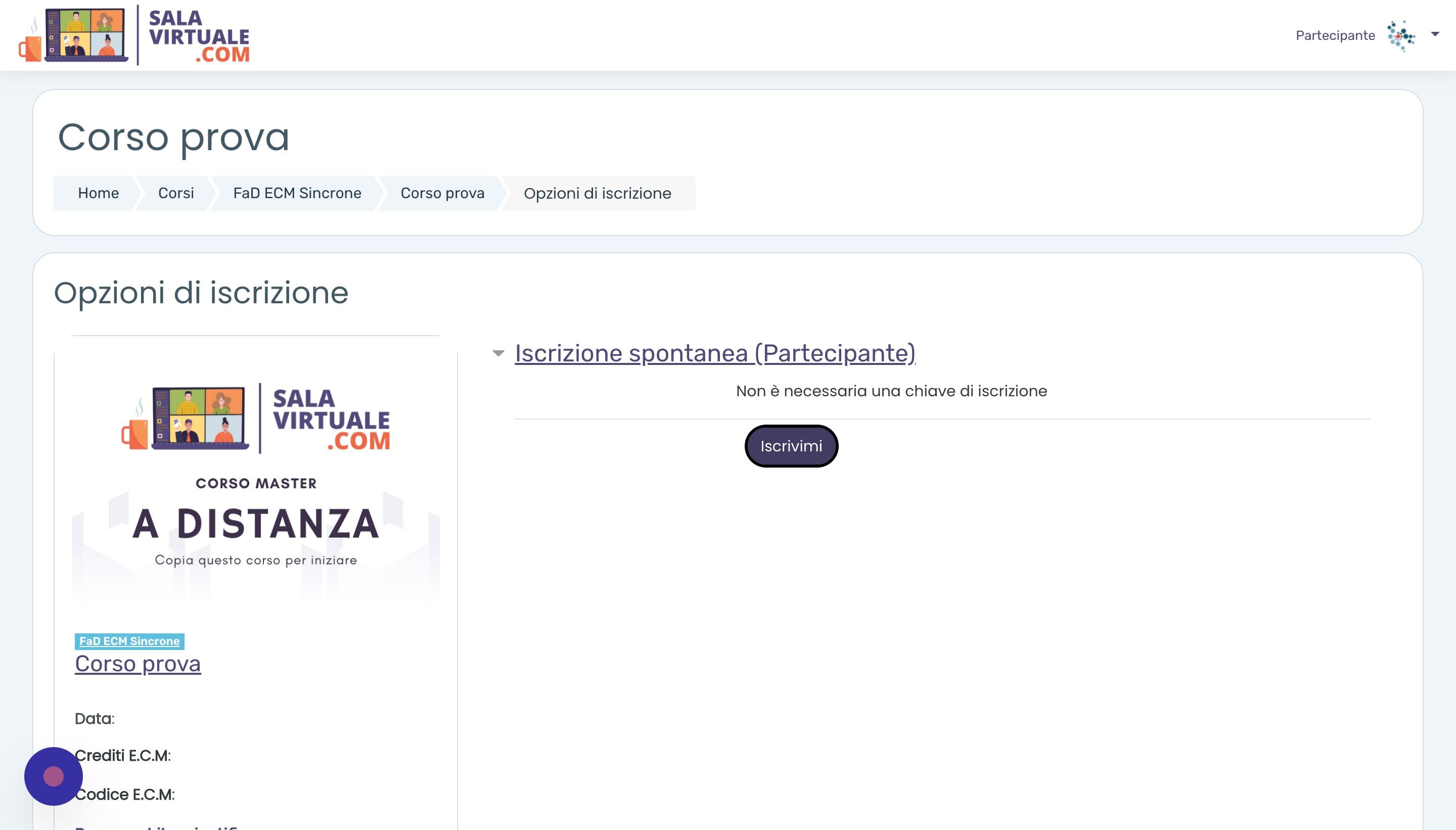 Screenshot of: Iscriversi al corso (in alcuni corsi potrebbe essere richiesto un codice di iscrizione.