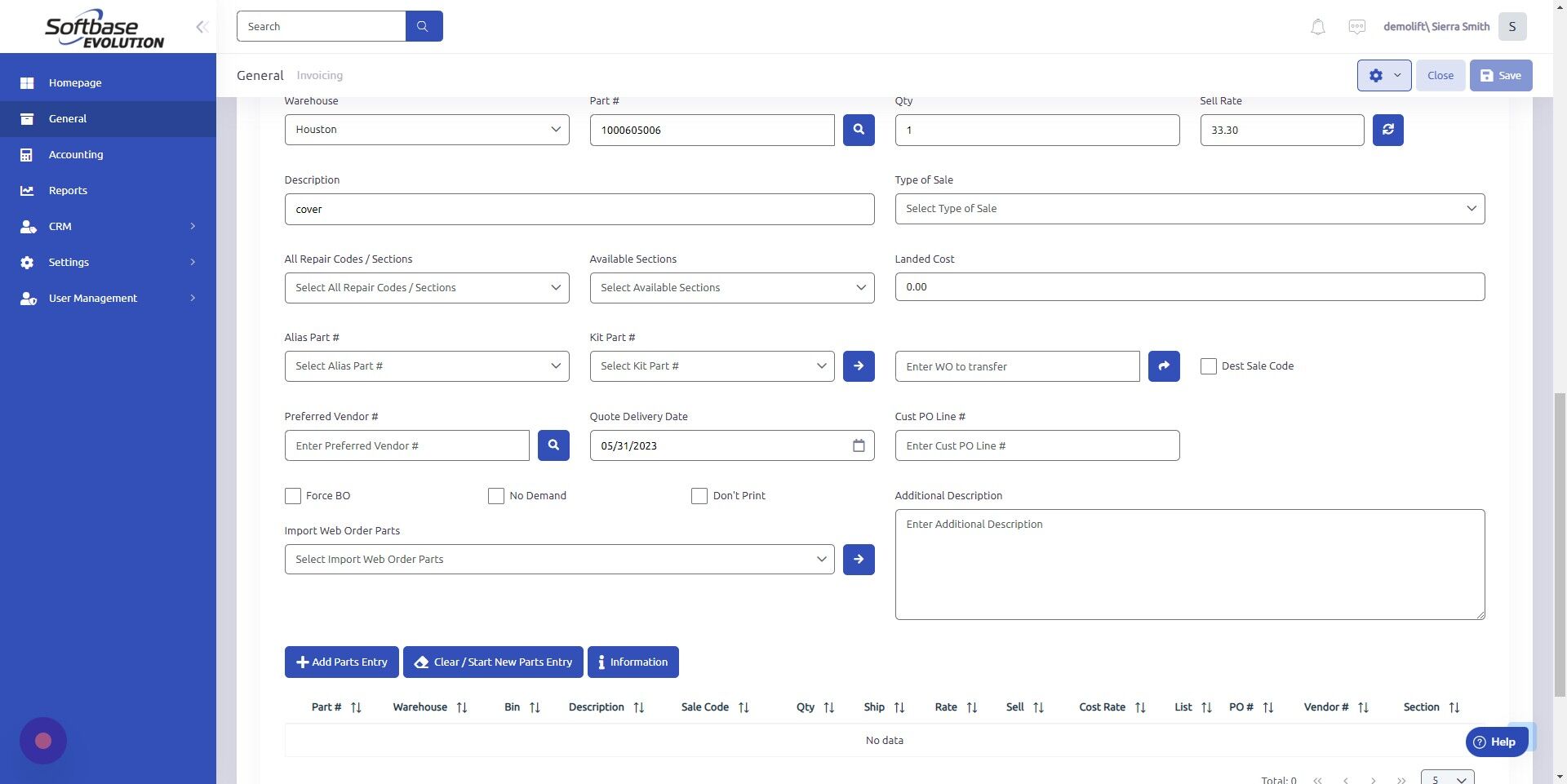 Screenshot of: Click "Add Parts Entry" to save part to work order.