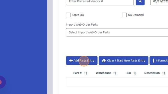 Screenshot of: Click "Add Parts Entry" to save part to work order.