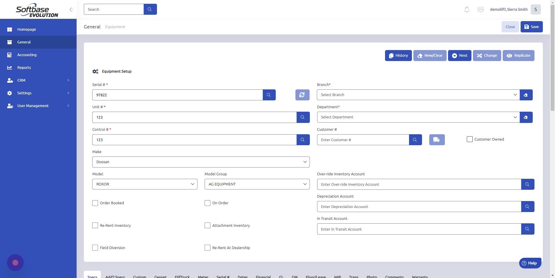 Screenshot of: Check "Customer Owned" box; leave Branch and Department fields blank unless equipment is internally owned. 