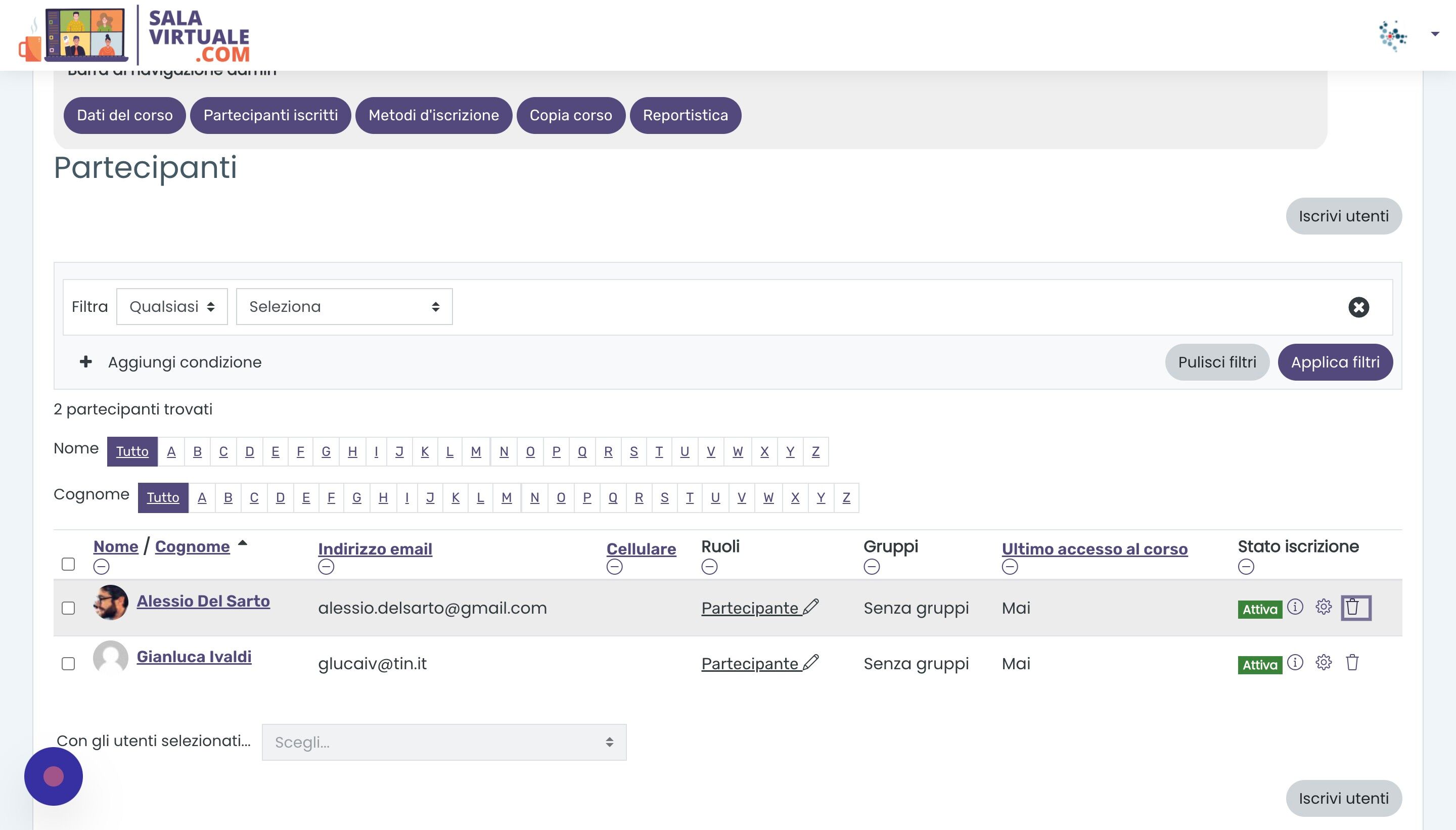 Screenshot of: Qui &egrave; anche possibile disiscrivere un utente dal corso cliccando l'icona del cestino.