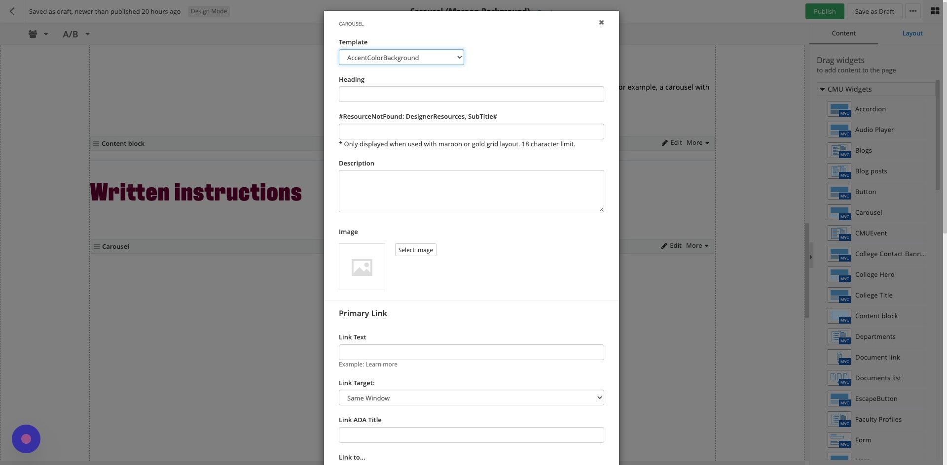 Screenshot of: Heading: Enter heading text. (Recommended max = 75 characters)
