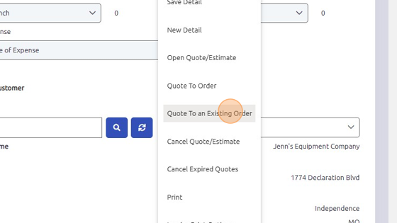 Screenshot of: To convert Quote to an Existing Open Work Order, click Configure Icon > File > Quote To an Existing Order