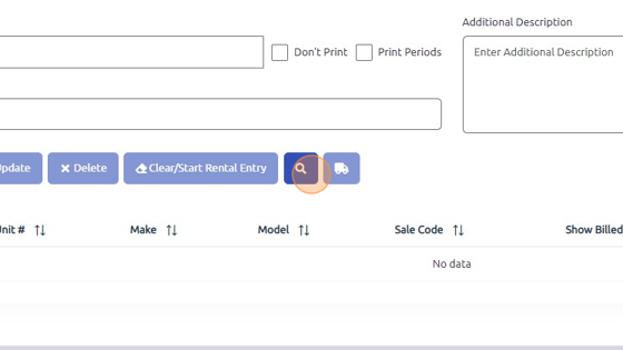 Screenshot of: Enter Serial # of rental equipment OR click blue magnifying glass at the bottom to open a Rental Availability window and narrow criteria for rental inventory. 