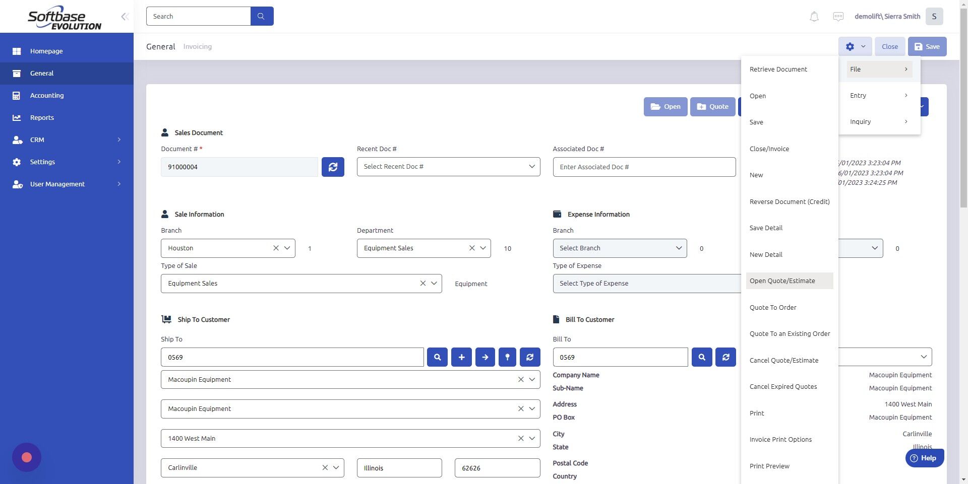 Screenshot of: To reopen quote, click Configure Icon > File > Open Quote/Estimate