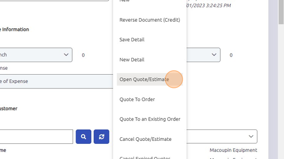 Screenshot of: To reopen quote, click Configure Icon > File > Open Quote/Estimate
