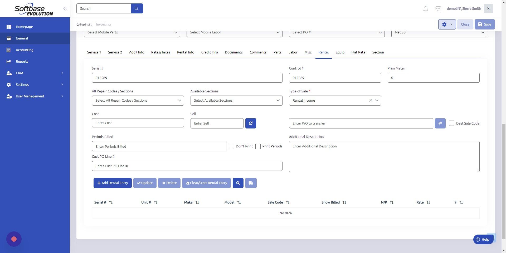 Screenshot of: Click "Add Rental Entry" to save rental equipment to work order.