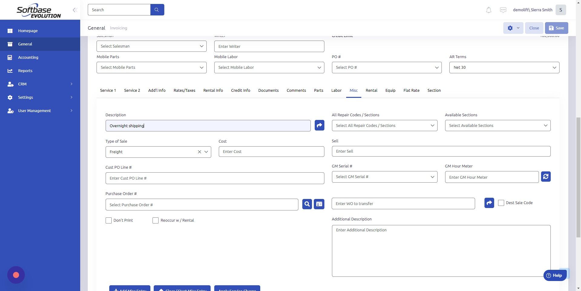 Screenshot of: Enter description of miscellaneous charge.