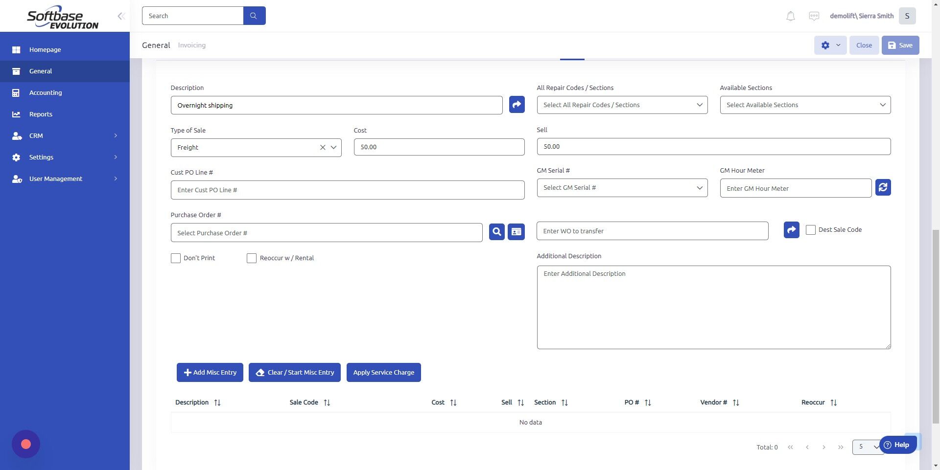 Screenshot of: Click "Add Misc Entry" to add miscellaneous charge to work order.