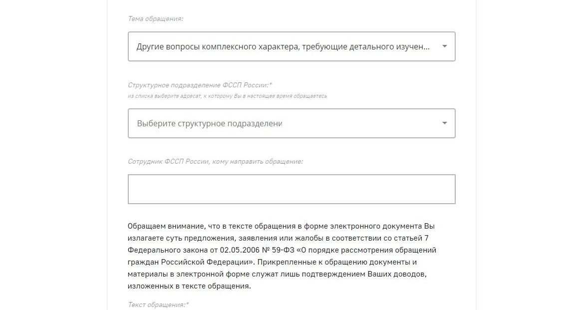 Screenshot of: Выберите тему обращения. Например, "Другие вопросы комплексного характера, требующие детального изучения обращения".