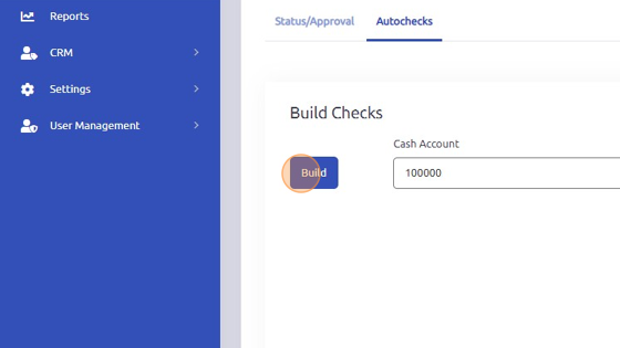 Screenshot of: Click "Build" to build checks. Make sure Cash Account and Payment Type are selected.