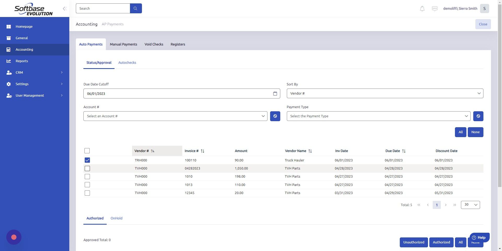 Screenshot of: Select invoices for payment (single or multiple).