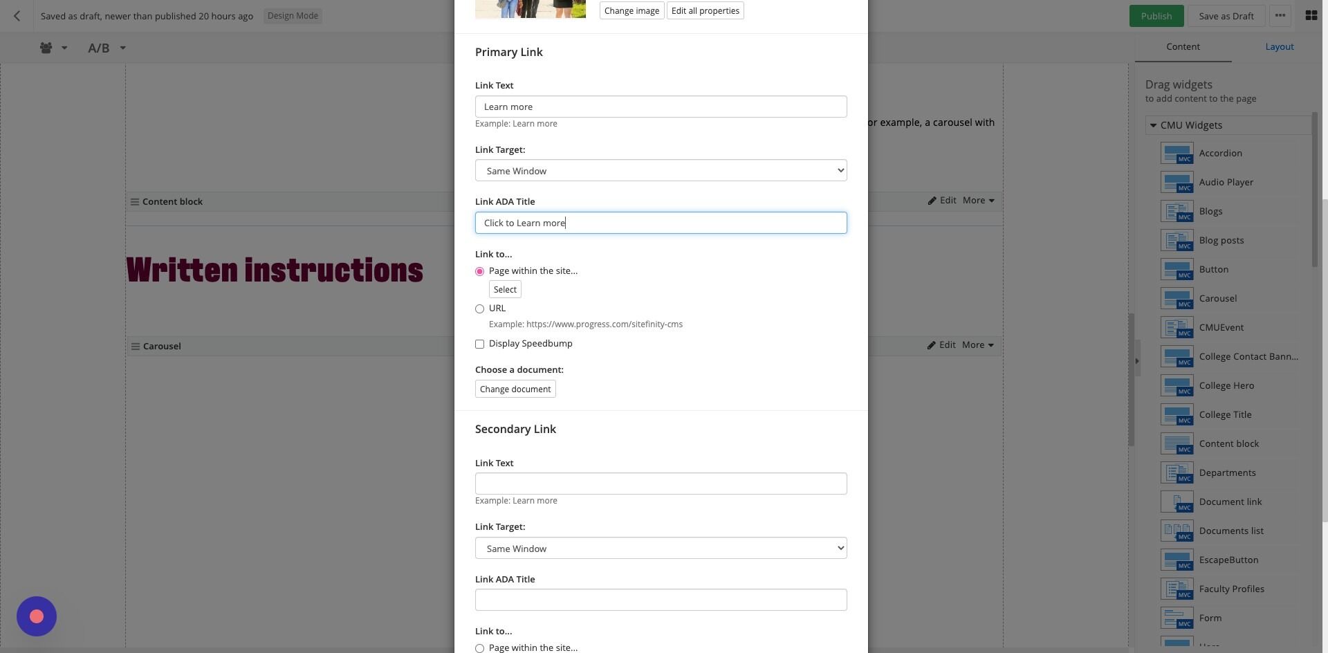 Screenshot of: Link ADA title: Enter your link text for compliance with the Americans with Disabilities Act (ADA).