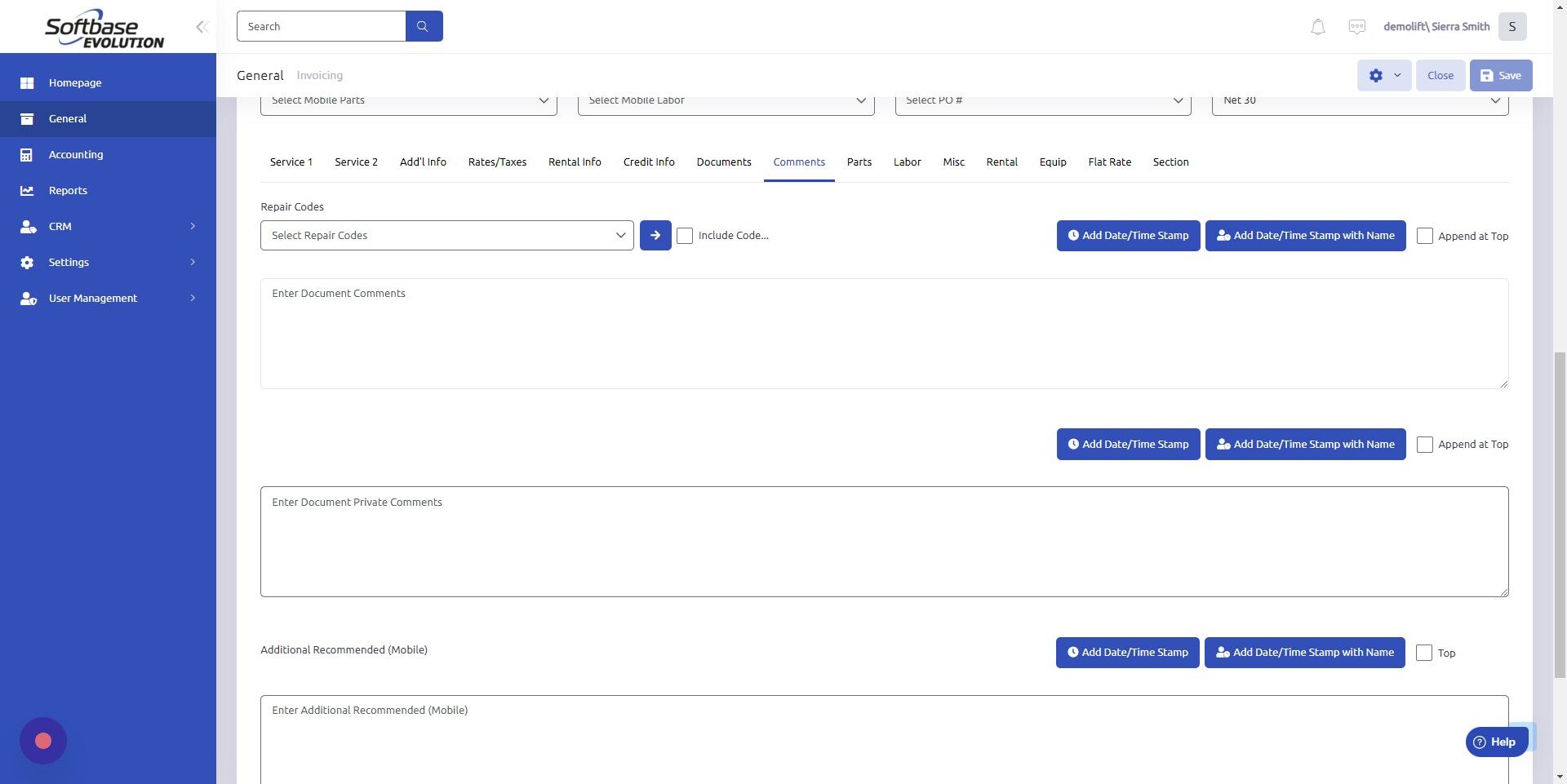 Screenshot of: Comments typed in first box, Enter Document Comments, will show on invoice for customer.