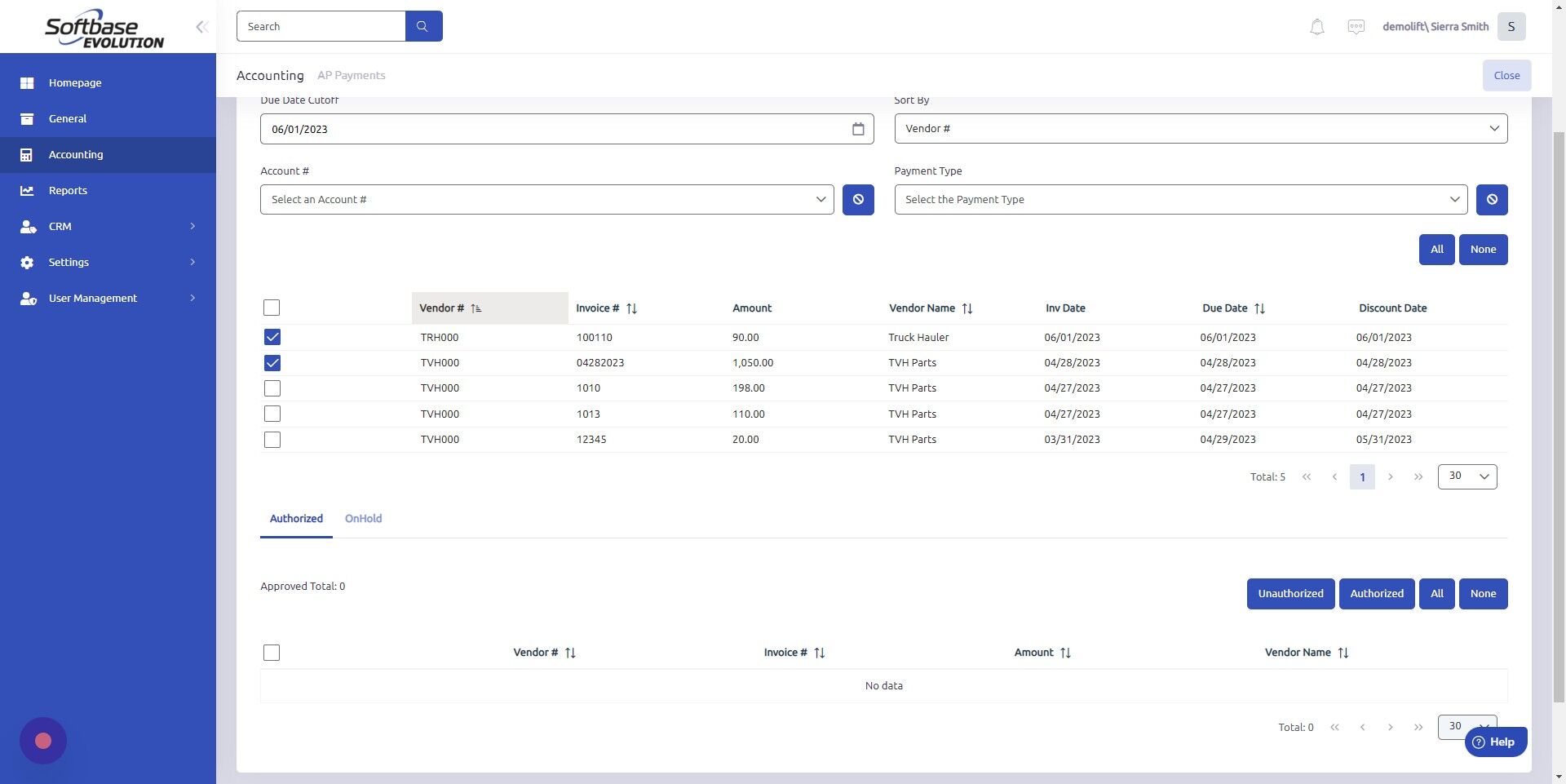 Screenshot of: Click "Authorized" to authorize invoices for payment.