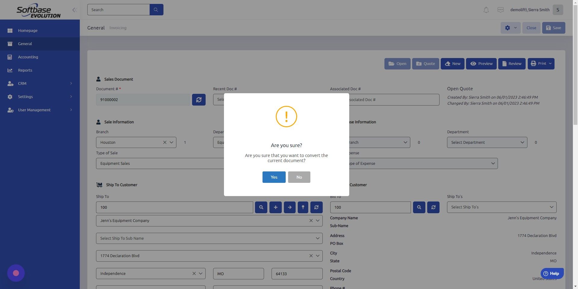 Screenshot of: Click "Yes" to convert Quote to Work Order.