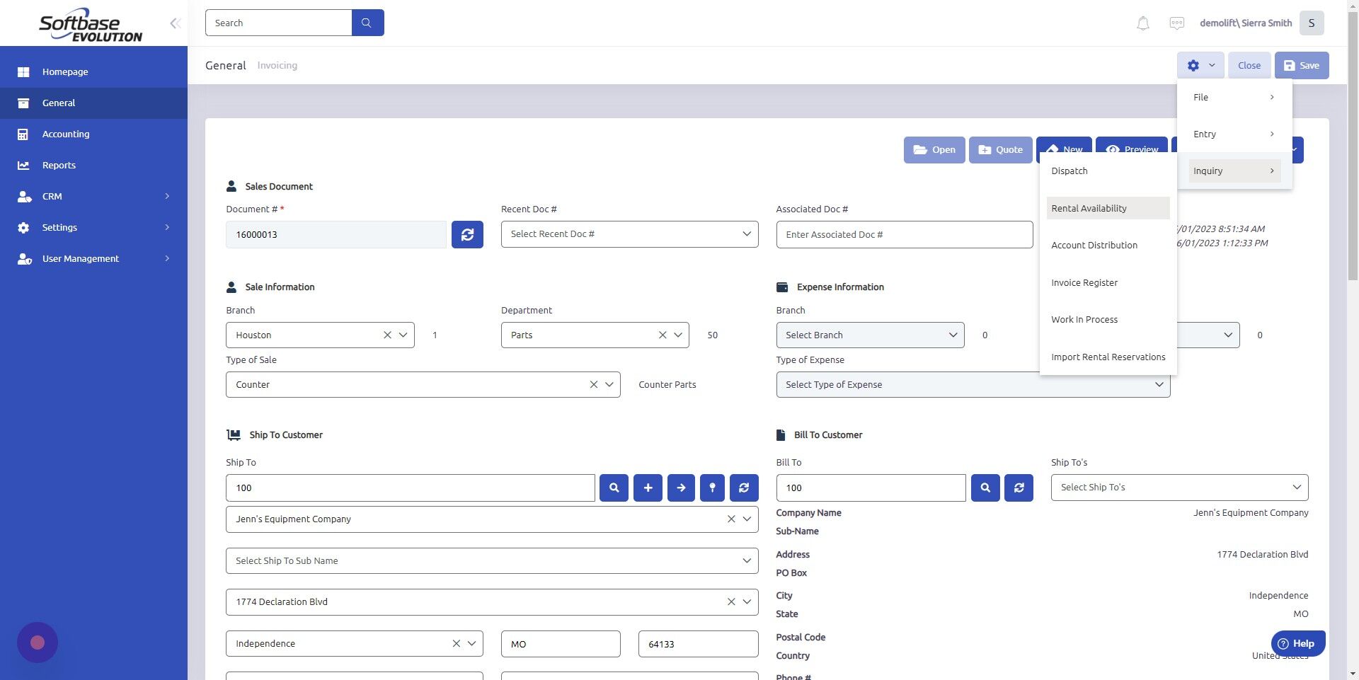 Screenshot of: Open Rental Availability Search by clicking Configure Icon > Inquiry > Rental Availability.