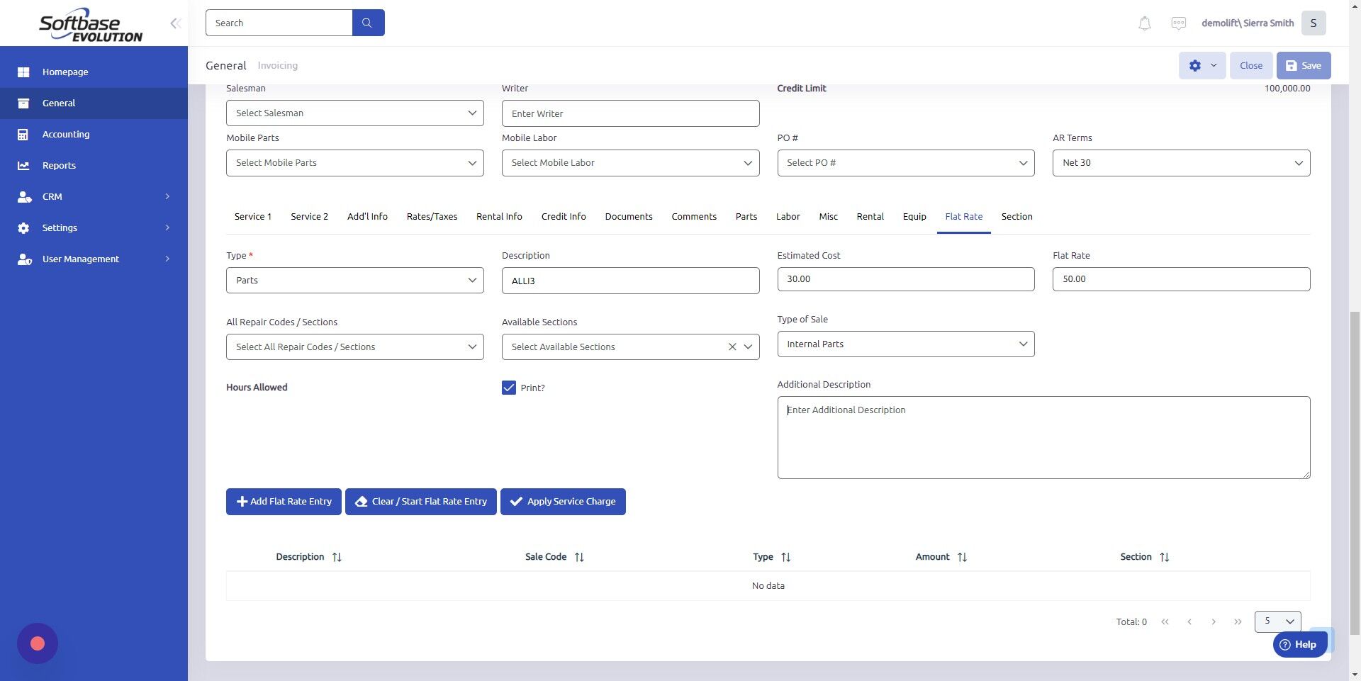 Screenshot of: Click "Add Flat Rate Entry" to apply flat rate charge to work order.