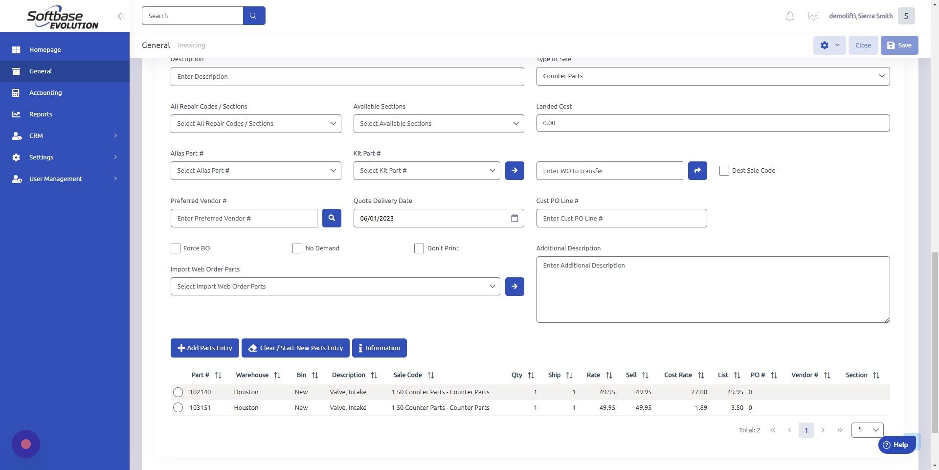Screenshot of: Select line item under Parts tab that you'd like to transfer to another work order.