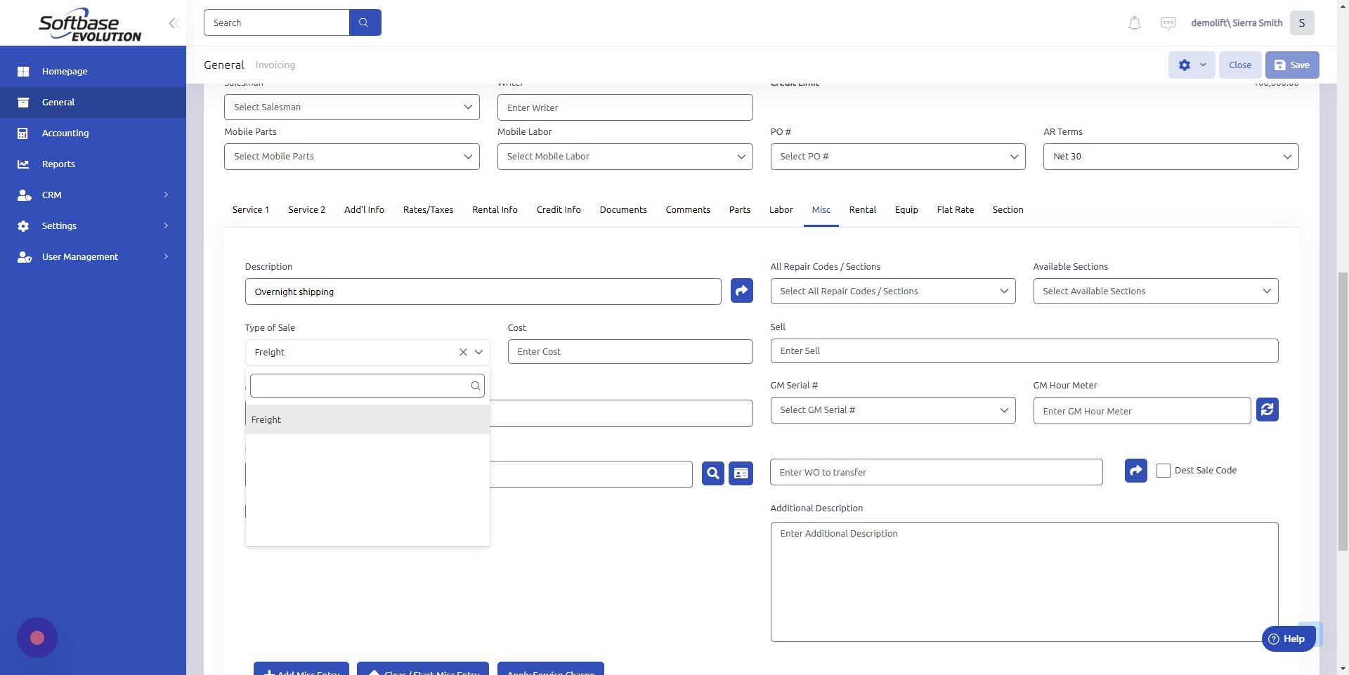Screenshot of: Select or Enter Type of Sale.