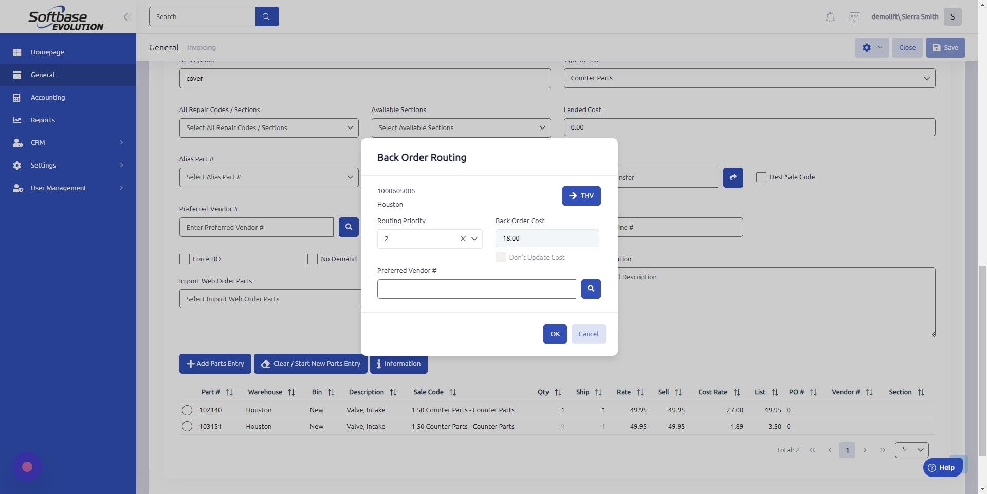 Screenshot of: Enter Routing Priority (1-7 urgency), Back Order Cost, and Preferred Vendor # (vendor number may be entered manually or searched using magnifying glass) and click OK.