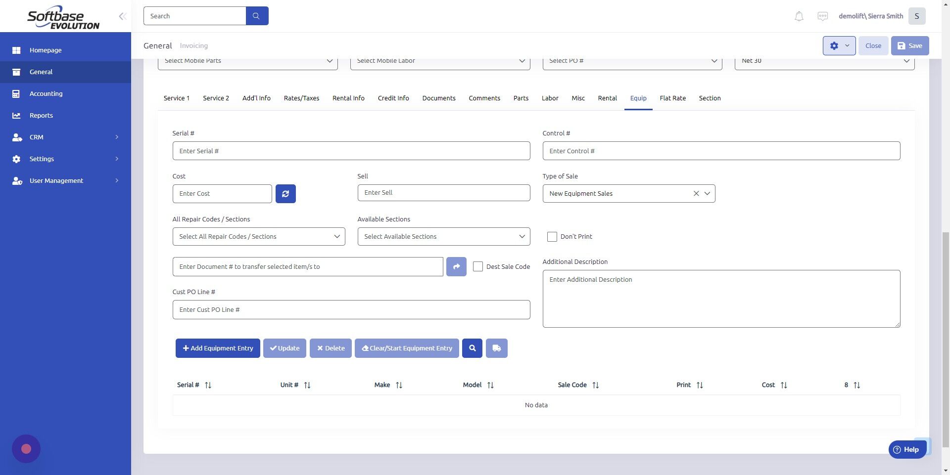 Screenshot of: If you know the serial/control number of equipment, enter it manually to auto-populate equipment information. Otherwise, click blue magnifying glass to search for equipment.