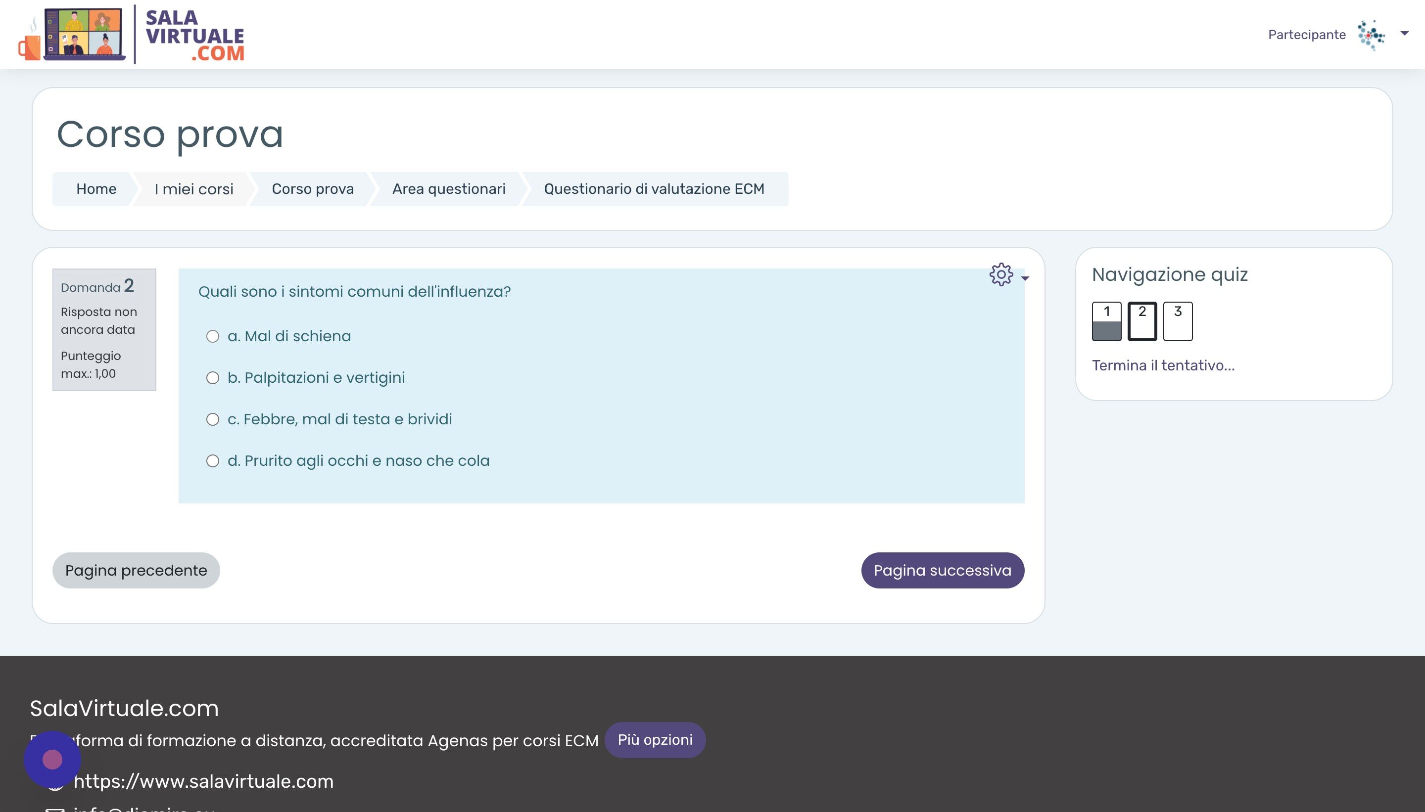 Screenshot of: Completare il questionario selezionando l'opzione corretta tra le quattro proposte.