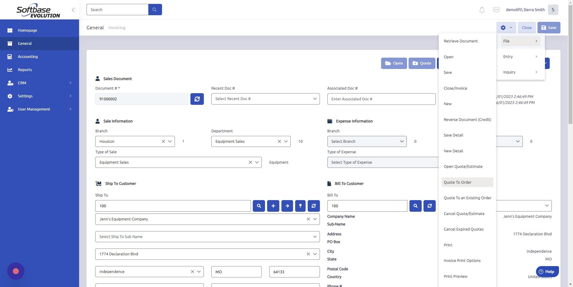 Screenshot of: To convert Quote to Work Order, click Configure Icon > File > Quote to Order.