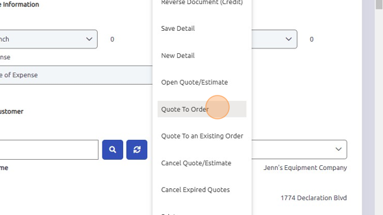 Screenshot of: To convert Quote to Work Order, click Configure Icon > File > Quote to Order.