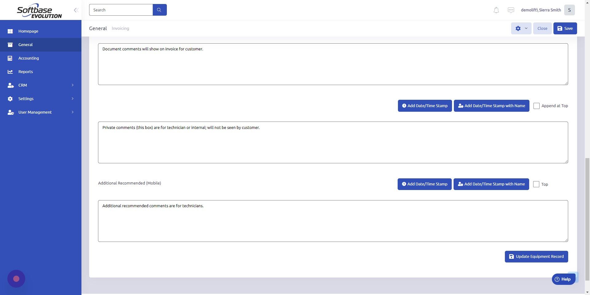 Screenshot of: Click here to save comments to work order.