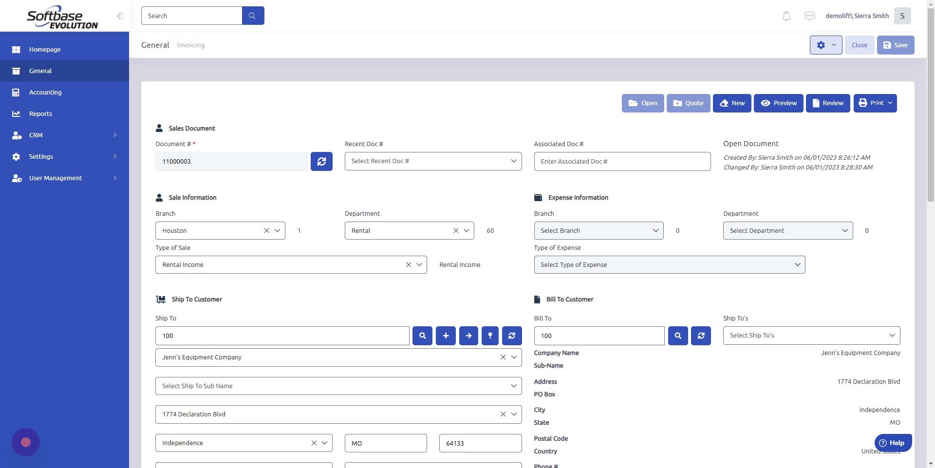 Screenshot of: Make sure Department and Type of Sale in work order header are relevant to Rental. 