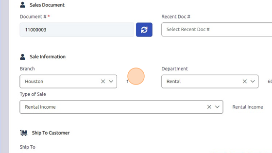 Screenshot of: Make sure Department and Type of Sale in work order header are relevant to Rental. 