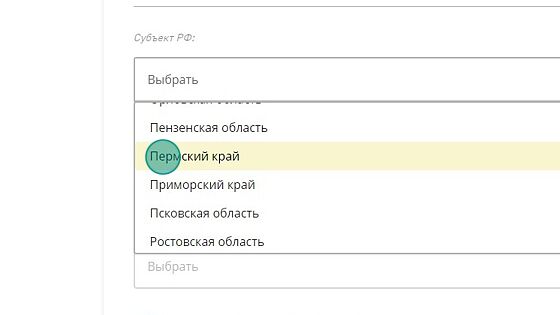 Screenshot of: Выберите из списка субъект РФ - Пермский край.