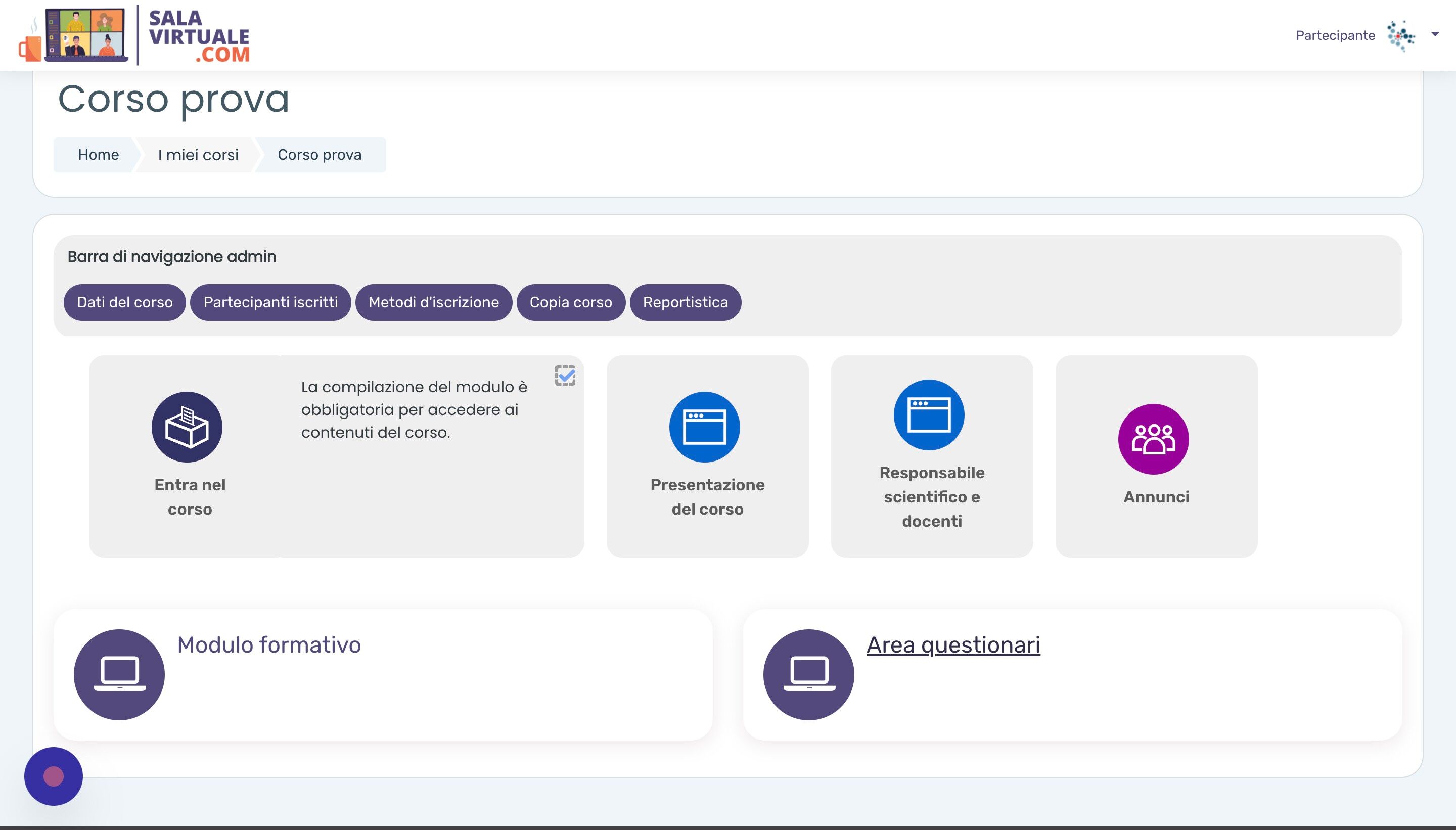 Screenshot of: Per sostenere il questionario ECM, entrare in 