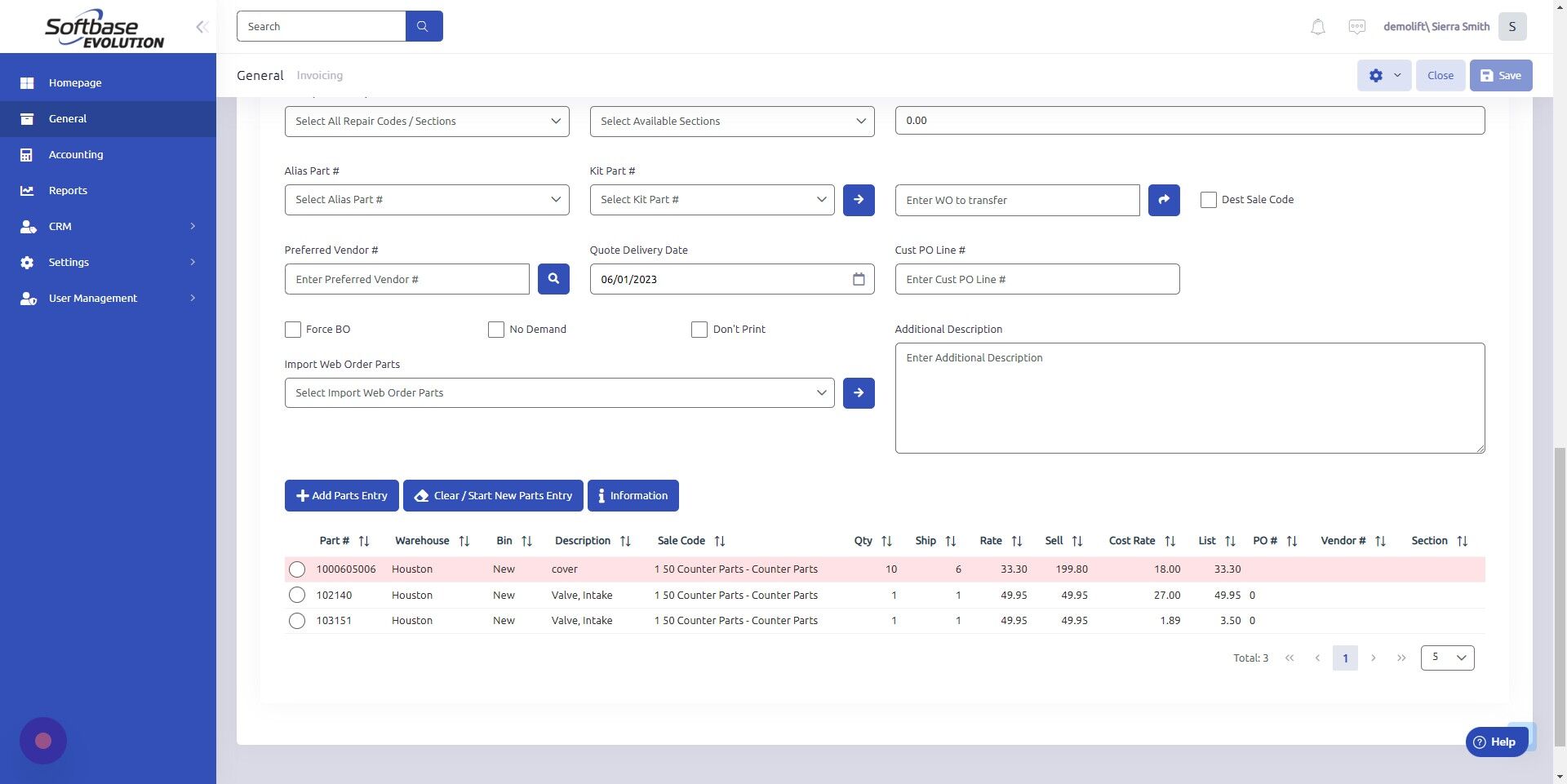 Screenshot of: The backordered parts will show as a red line item. To clear red line items, access Purchase Orders from General page.