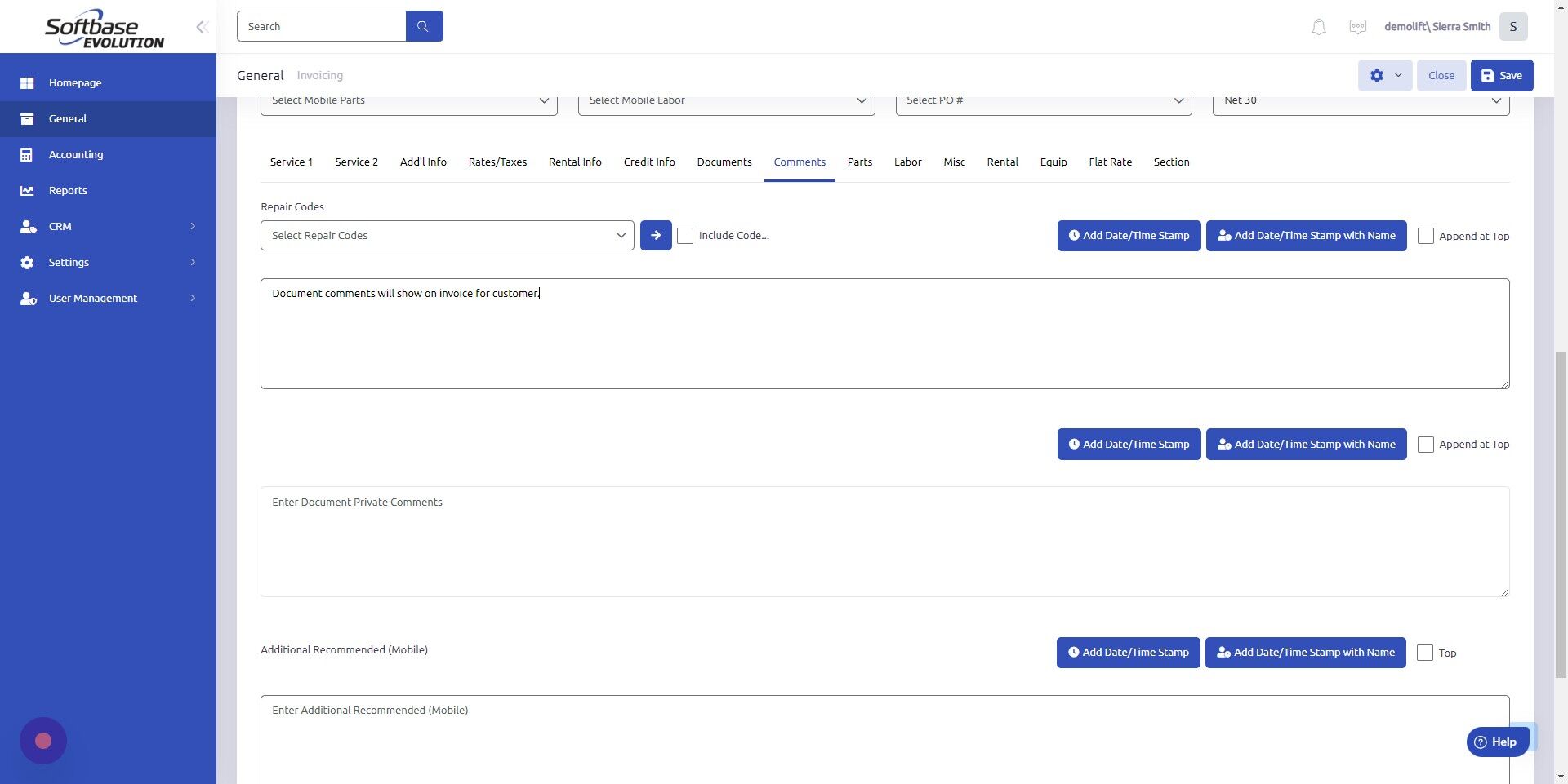 Screenshot of: Comments typed in middle box, Enter Document Private Comments, are intended for internal use and will not be seen by customer.