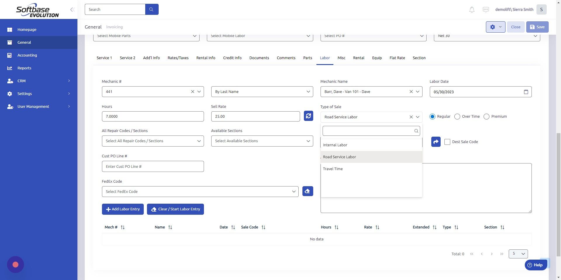Screenshot of: Select Type of Sale to describe the kind of service being performed. Make sure Department and Type of Sale in the Work Order header is relevant. 
